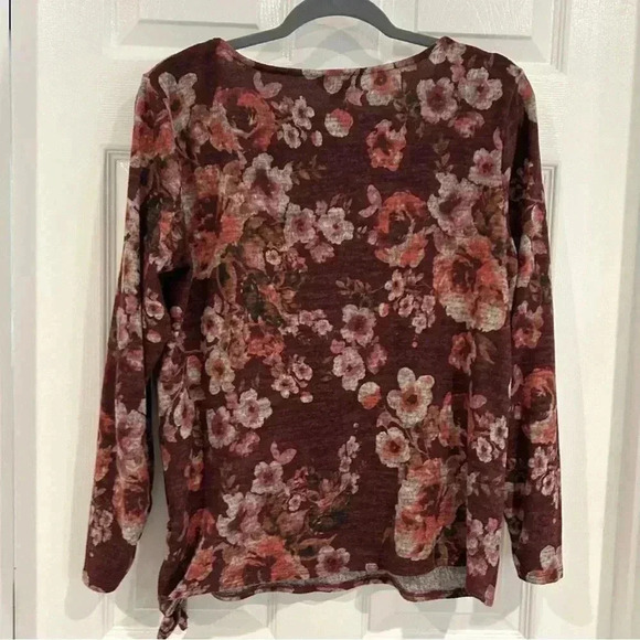 Apt 9 Floral Long Sleeve Round Neck Blouse Sz L Maroon Side Tie Shirt Fall Boho - Picture 5 of 11
